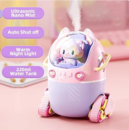 Mini Kedi Şekilli LED Işıklı 220ml Hava Nemlendirici (Pembe)