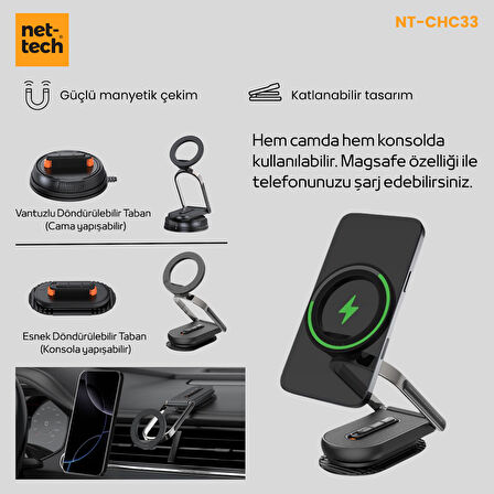 Nettech NT-CHC33 Katlanabilir Manyetik Araç İçi Telefon Tutucu ve MagSafe Şarj Cihazı (Çift Tabanlı)