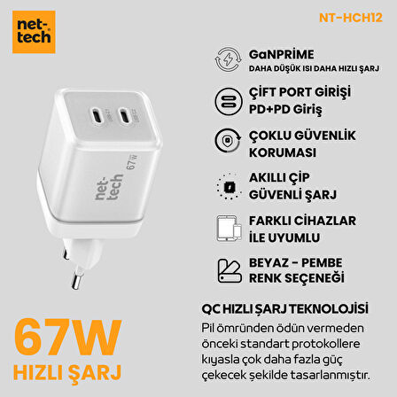 Nettech NT-HCH12 PD+QC GaNPrime 67W Şarj Aleti (Beyaz)