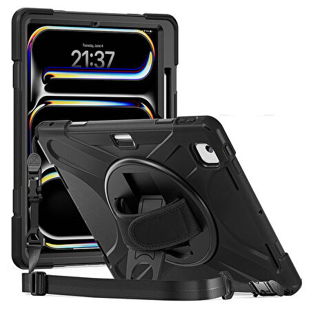 iPad Air 13 2024 Uyumlu Defender Standlı Zırhlı Silikon Tablet Kılıfı (Siyah)