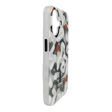 iPhone 16 MagSafe Uyumlu Graffiti Mat Darbeye Dayanıklı Manyetik Telefon Kılıfı (Beyaz)