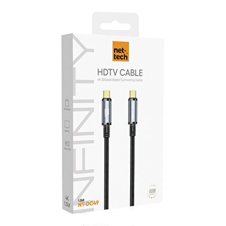 Nettech NT-DC49 USB3.2 20Gbps Plastik 100 Cm Type-C To Type-C Şarj ve Data Kablosu (Siyah)