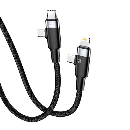 Nettech NT-DC45 60W+30W Plastik 100 Cm Type-C To Type-C+Lightning Şarj ve Data Kablosu (Siyah)