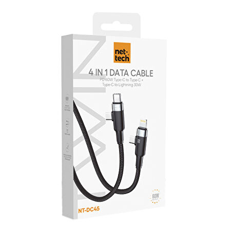 Nettech NT-DC45 60W+30W Plastik 100 Cm Type-C To Type-C+Lightning Şarj ve Data Kablosu (Siyah)