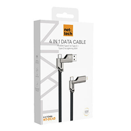 Nettech NT-DC43 Plastik 100 Cm 60W Type-C To Type-C+Lightning Şarj ve Data Kablosu (Siyah)