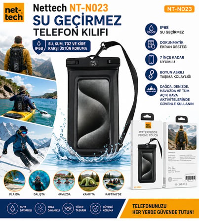 Nettech NT-N023 IP68 Su Geçirmez Telefon Kılıfı 6,7 İnçe Kadar Uyumlu Dokunmatik Ekran Destekli Boyun Askılı