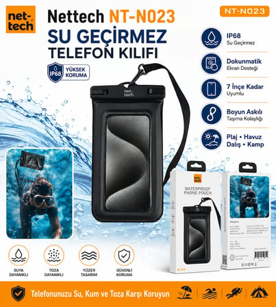 Nettech NT-N023 IP68 Su Geçirmez Telefon Kılıfı 6,7 İnçe Kadar Uyumlu Dokunmatik Ekran Destekli Boyun Askılı
