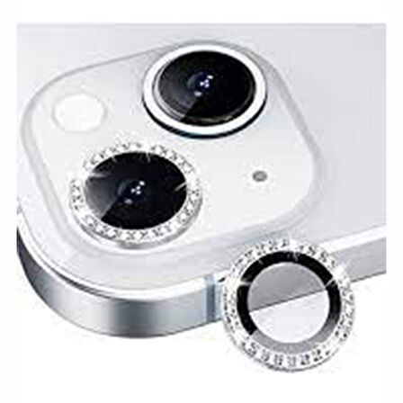 iPhone 14 / 14 Plus Uyumlu Kristal Taşlı Kamera Lens Koruyucu (Gri)