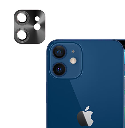 iPhone 12 Mini / İphone 11 Uyumlu Metalik Seri Kamera Lens Koruyucu (Siyah)