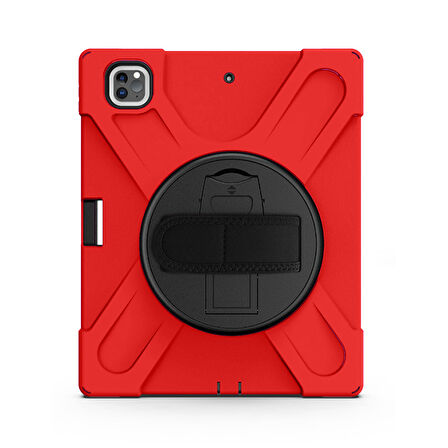 iPad Pro 12.9 2022/2021/2020/2018 Uyumlu Defender Standlı Zırhlı Silikon Tablet Kılıfı (Kırmızı)