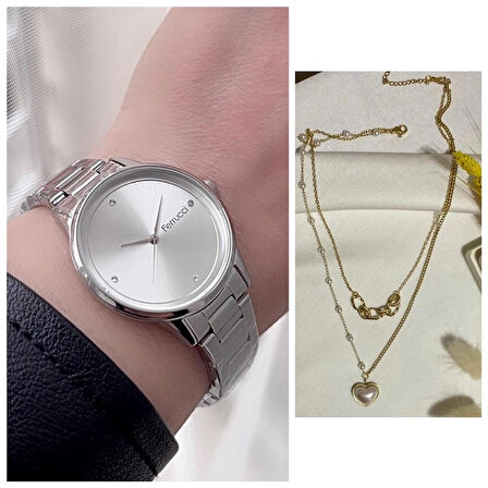 Ferrucci Silver Sade Şık Çelik Kadın Kol Saat+%100 Çelik Kolye Hediyeli