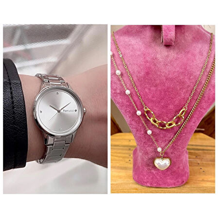 Ferrucci Silver Sade Şık Çelik Kadın Kol Saat+%100 Çelik Kolye Hediyeli