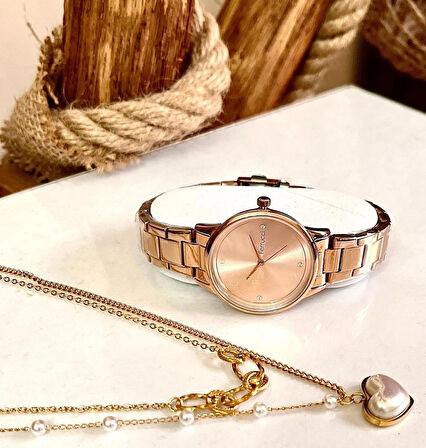 Ferrucci Rose Sade Şık Çelik Kadın Kol Saat+%100 Çelik Kolye Hediyeli