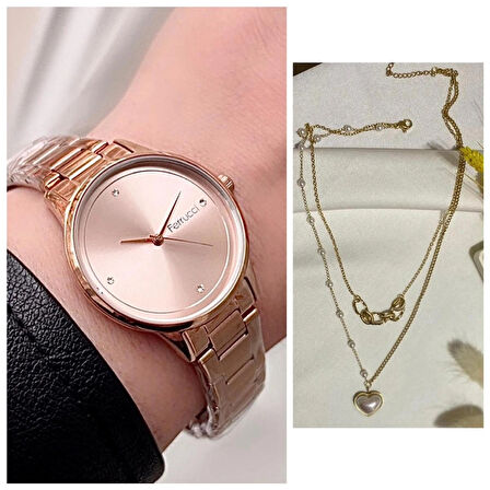 Ferrucci Rose Sade Şık Çelik Kadın Kol Saat+%100 Çelik Kolye Hediyeli
