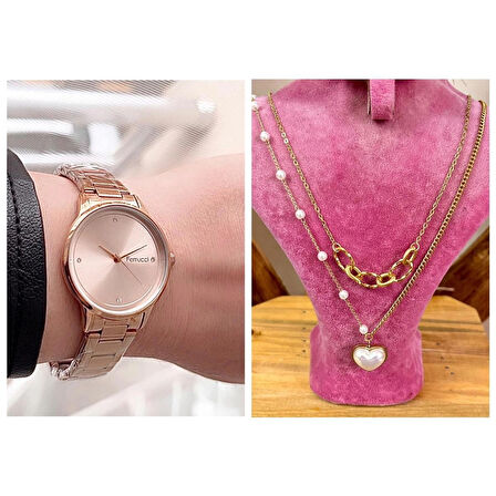 Ferrucci Rose Sade Şık Çelik Kadın Kol Saat+%100 Çelik Kolye Hediyeli