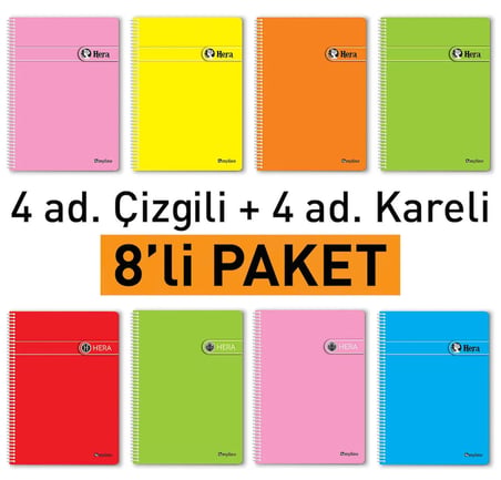 Etika A4 Okul Defteri Spiralli 144 Sayfa Dayanıklı PP Kapak 8'li Paket