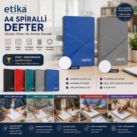 Etika A4 Okul Defteri Spiralli 144 Sayfa Dayanıklı PP Kapak 8'li Paket