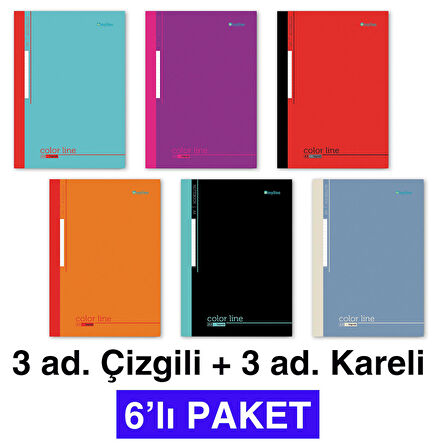 A4 Okul Defteri 6'lı PAKET 60 yp. Dikişli 3 Çizgili+3 Kareli