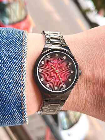 Siyah Renk Zirkon Taşlı Çelik Kadın Kol Saat+Çelik Kolye Hediye