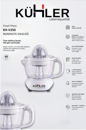 Kühler Fresh Press Elektrikli Narenciye Sıkacağı 40W | 0,7 L Hazneli Portakal, Limon ve Greyfurt Sıkacağı KH-V250