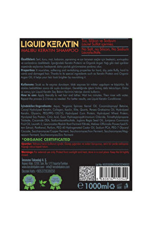 Tuzsuz Sülfatsız Malibu Keratin Şampuanı (1000ML) - Kuru Sert Kabaran Saçlar Için