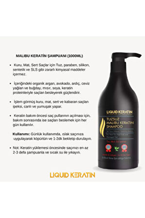 Tuzsuz Sülfatsız Malibu Keratin Şampuanı (1000ML) - Kuru Sert Kabaran Saçlar Için