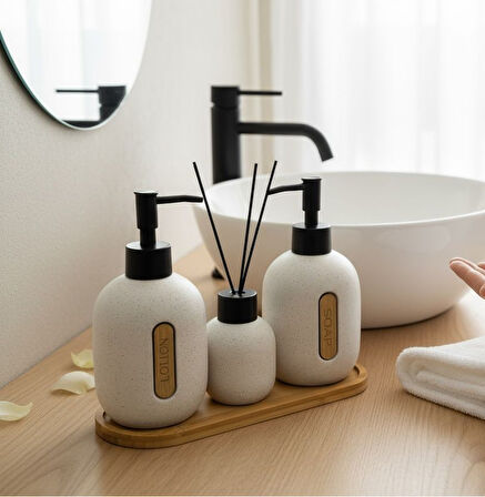 Bounies banyo seti takımı - sıvı sabunluk seti bambu altlıklı 4 parça bej