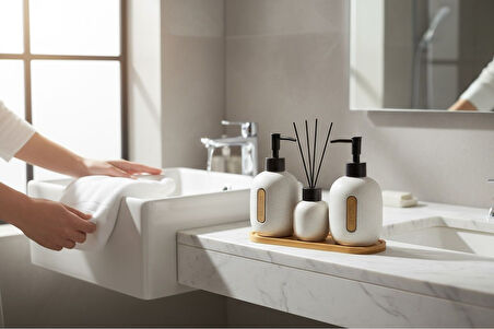 Bounies banyo seti takımı - sıvı sabunluk seti bambu altlıklı 4 parça bej