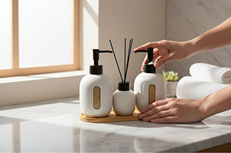 Bounies banyo seti takımı - sıvı sabunluk seti bambu altlıklı 4 parça bej