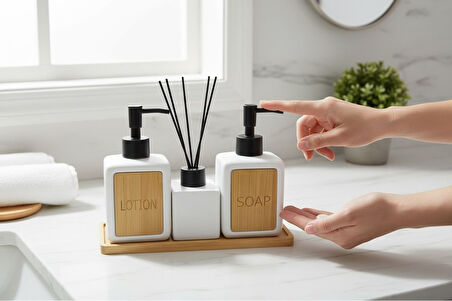 Bounies banyo seti takımı - sıvı sabunluk seti bambu altlıklı 4 parça beyaz