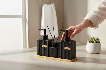 Bounies banyo seti takımı - sıvı sabunluk seti bambu altlıklı 4 parça siyah