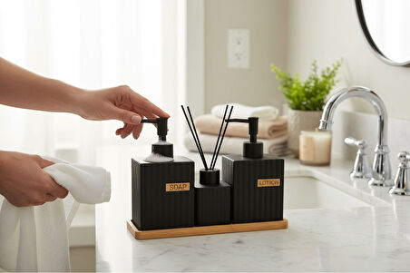 Bounies banyo seti takımı - sıvı sabunluk seti bambu altlıklı 4 parça siyah