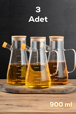 Thn 3 lü bambu kapaklı cam yağlık sirkelik zeytin yağlık 900 ml. cam sürahi