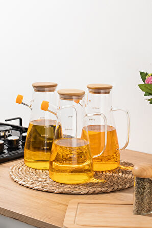 Thn 3 lü bambu kapaklı cam yağlık sirkelik zeytin yağlık 900 ml. cam sürahi