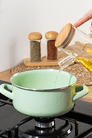 Thn 3 lü bambu kapaklı cam yağlık sirkelik zeytin yağlık 900 ml. cam sürahi