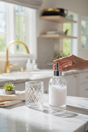 Banyo seti takımı cam sıvı sabunluk - diş fırçalık 2 li set