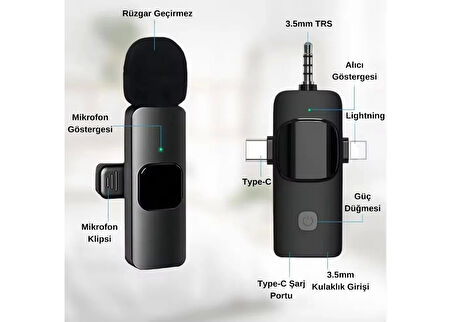 Mikrofon Yaka 2 Adet Kablosuz Type-c Lightning Aux 3 İn 1 Platoon PL-2452