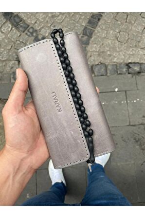 Karalı Hakiki Deri Crazy Telefonluk Unisex Cüzdan Tesbih Hediyeli- Gri Gtc-6