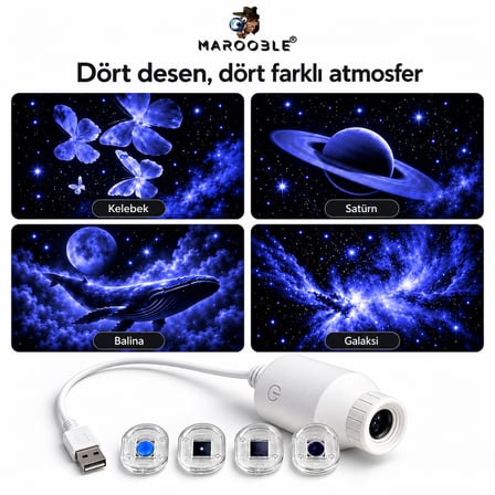 USB Gece Lambası ve Desen Projeksiyon  4 Değiştirilebilir Başlık Güçlü Aydınlatma