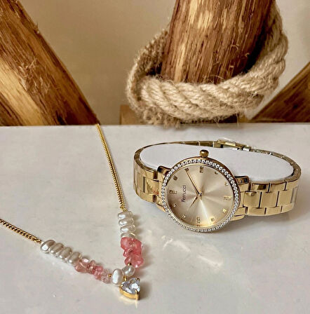 Ferrucci Gold Çelik Taşlı Şık Kadın Kol Saati+%100 Çelik Kolye Hediye