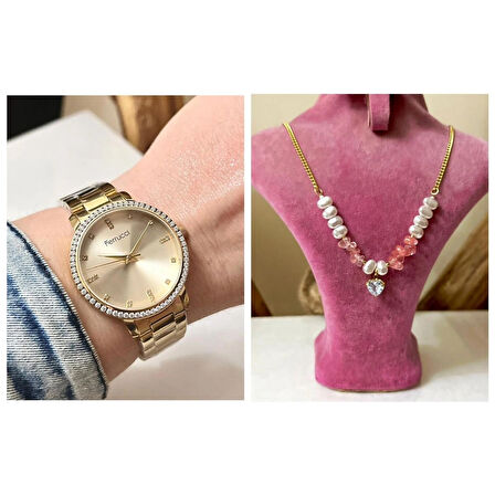 Ferrucci Gold Çelik Taşlı Şık Kadın Kol Saati+%100 Çelik Kolye Hediye