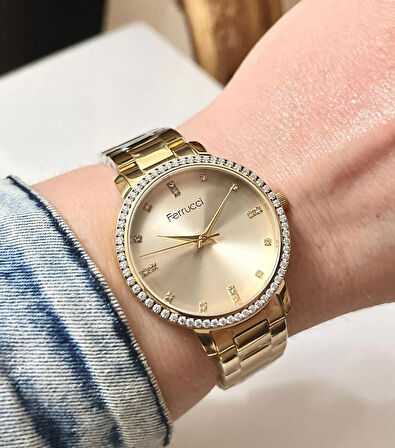 Ferrucci Gold Çelik Taşlı Şık Kadın Kol Saati+%100 Çelik Kolye Hediye