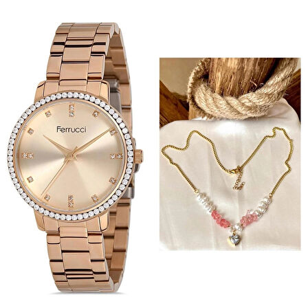 Ferrucci RoseGold Çelik Taşlı Şık Kadın Kol Saati+%100 Çelik Kolye Hediye