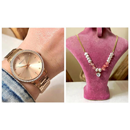 Ferrucci RoseGold Çelik Taşlı Şık Kadın Kol Saati+%100 Çelik Kolye Hediye