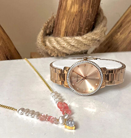 Ferrucci RoseGold Çelik Taşlı Şık Kadın Kol Saati+%100 Çelik Kolye Hediye