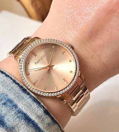 Ferrucci RoseGold Çelik Taşlı Şık Kadın Kol Saati+%100 Çelik Kolye Hediye