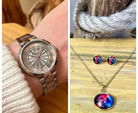 Ferrucci Modern Çelik Kadın Kol Saat+%100Çelik Kolye&Küpe Set Hediye