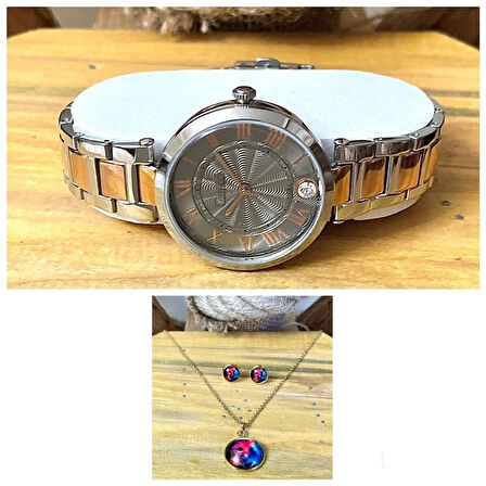 Ferrucci Modern Çelik Kadın Kol Saat+%100Çelik Kolye&Küpe Set Hediye