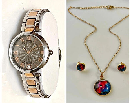 Ferrucci Modern Çelik Kadın Kol Saat+%100Çelik Kolye&Küpe Set Hediye