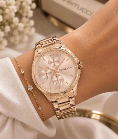 Ferrucci Spor Model Rosegold Çelik Kordon ve Kasa Kadın Kol Saati+Bileklik Hediye